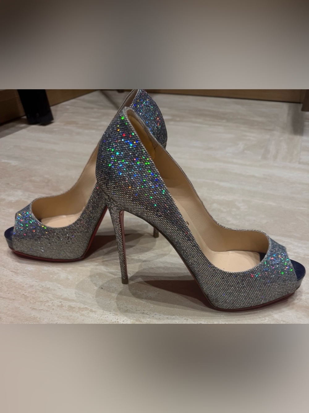 Christian Louboutin Glitter Peep-Toe Platform Heels Size 38 1/2